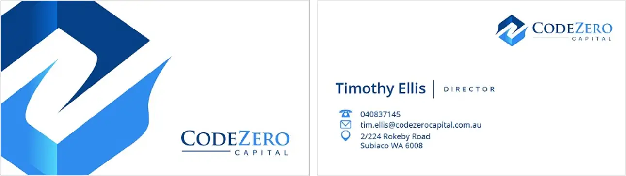 Business card designed for Code Zero Capital
